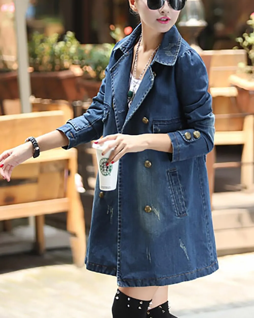 utcoco Womens Long Sleeve Denim Jacket Casual Slim Fit Jean Jacket Double Breasted Trench Coat with Belt