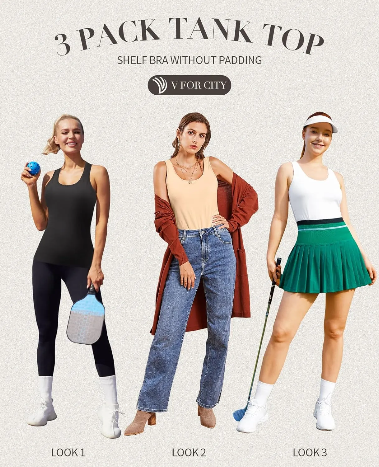 V FOR CITY Racerback Tank Tops for Women with Shelf Bra Cotton Wide Strap Camisole Yoga Cami Shirts 3 Pack