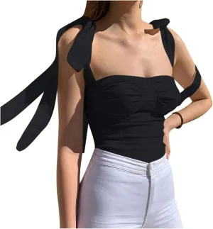 Velius Women's Sleeveless Camisole Tie Shoulder Mesh Strap Tank Crop Tops
