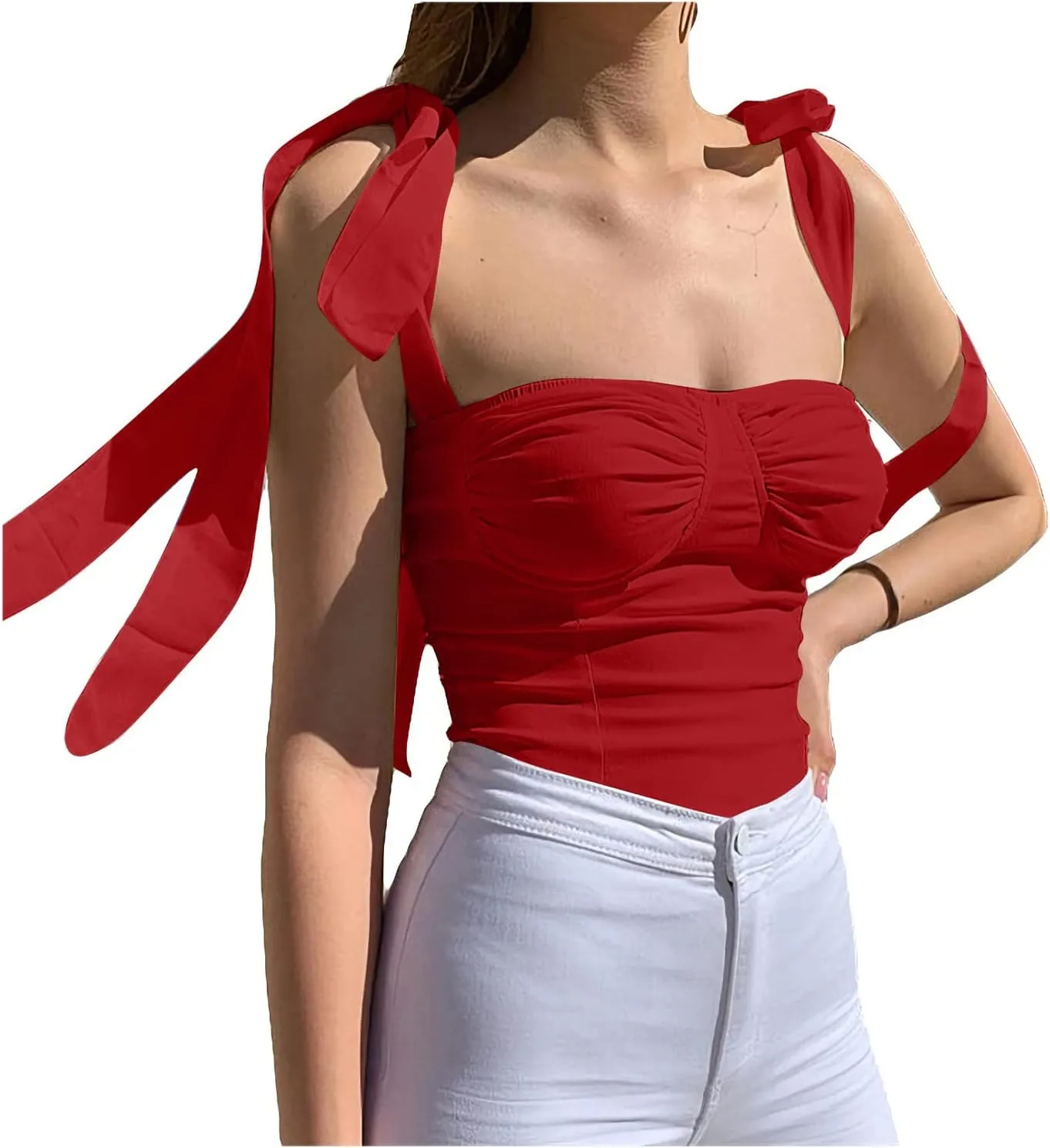 Velius Women's Sleeveless Camisole Tie Shoulder Mesh Strap Tank Crop Tops