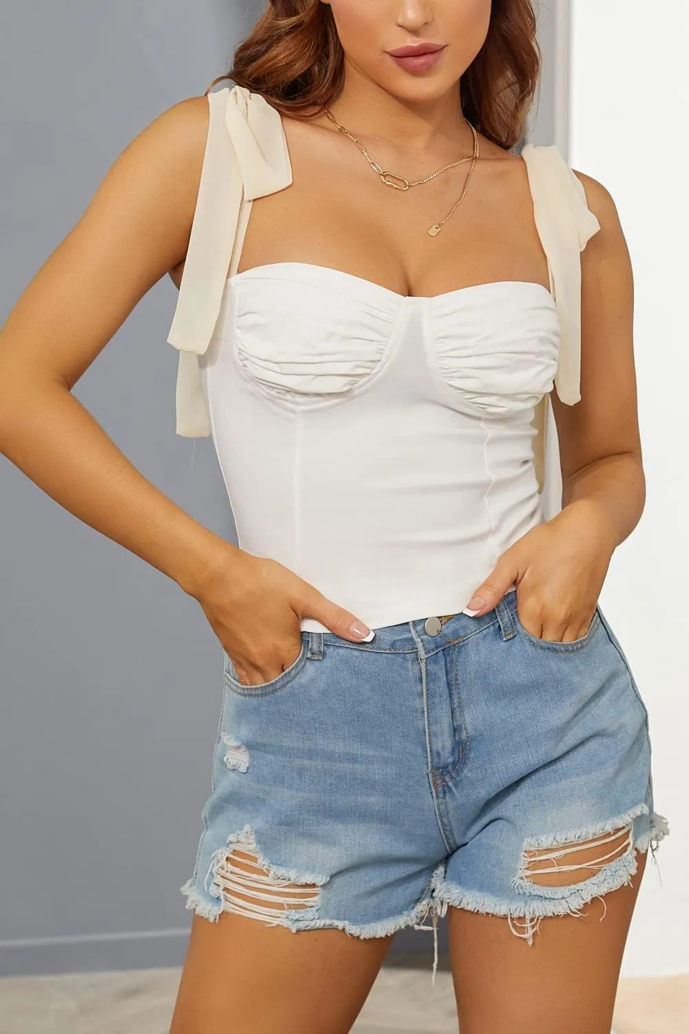 Velius Women's Sleeveless Camisole Tie Shoulder Mesh Strap Tank Crop Tops