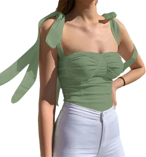 Velius Women's Sleeveless Camisole Tie Shoulder Mesh Strap Tank Crop Tops