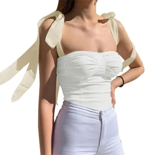 Velius Women's Sleeveless Camisole Tie Shoulder Mesh Strap Tank Crop Tops