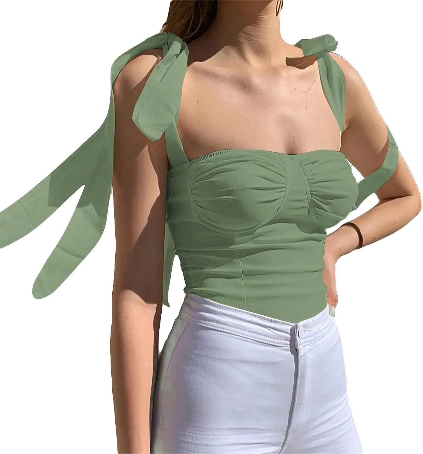 Velius Women's Sleeveless Camisole Tie Shoulder Mesh Strap Tank Crop Tops