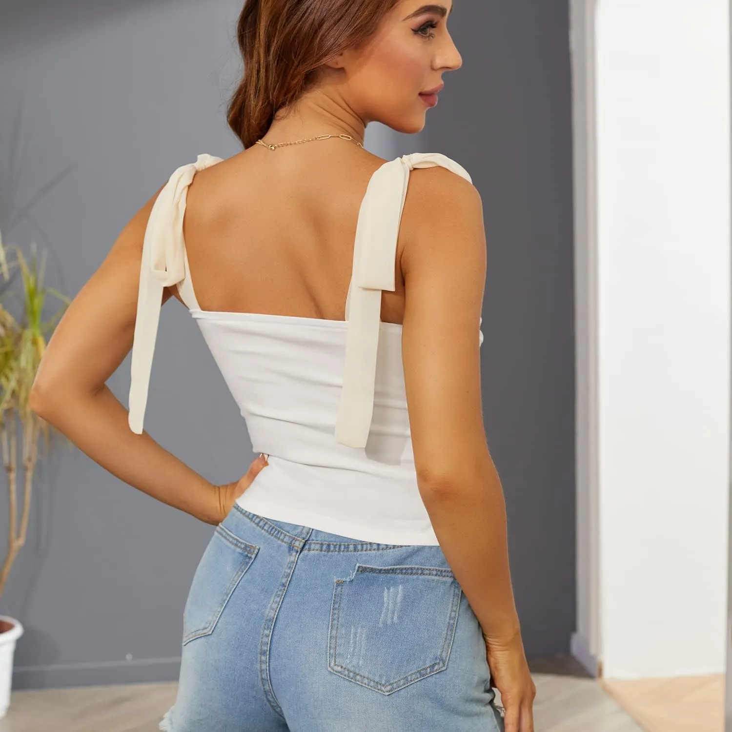 Velius Women's Sleeveless Camisole Tie Shoulder Mesh Strap Tank Crop Tops