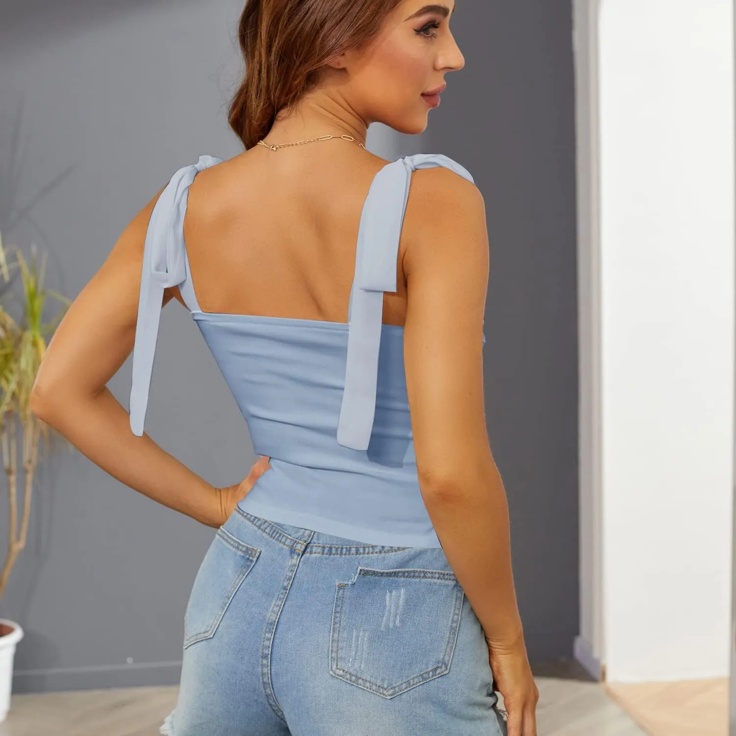 Velius Women's Sleeveless Camisole Tie Shoulder Mesh Strap Tank Crop Tops