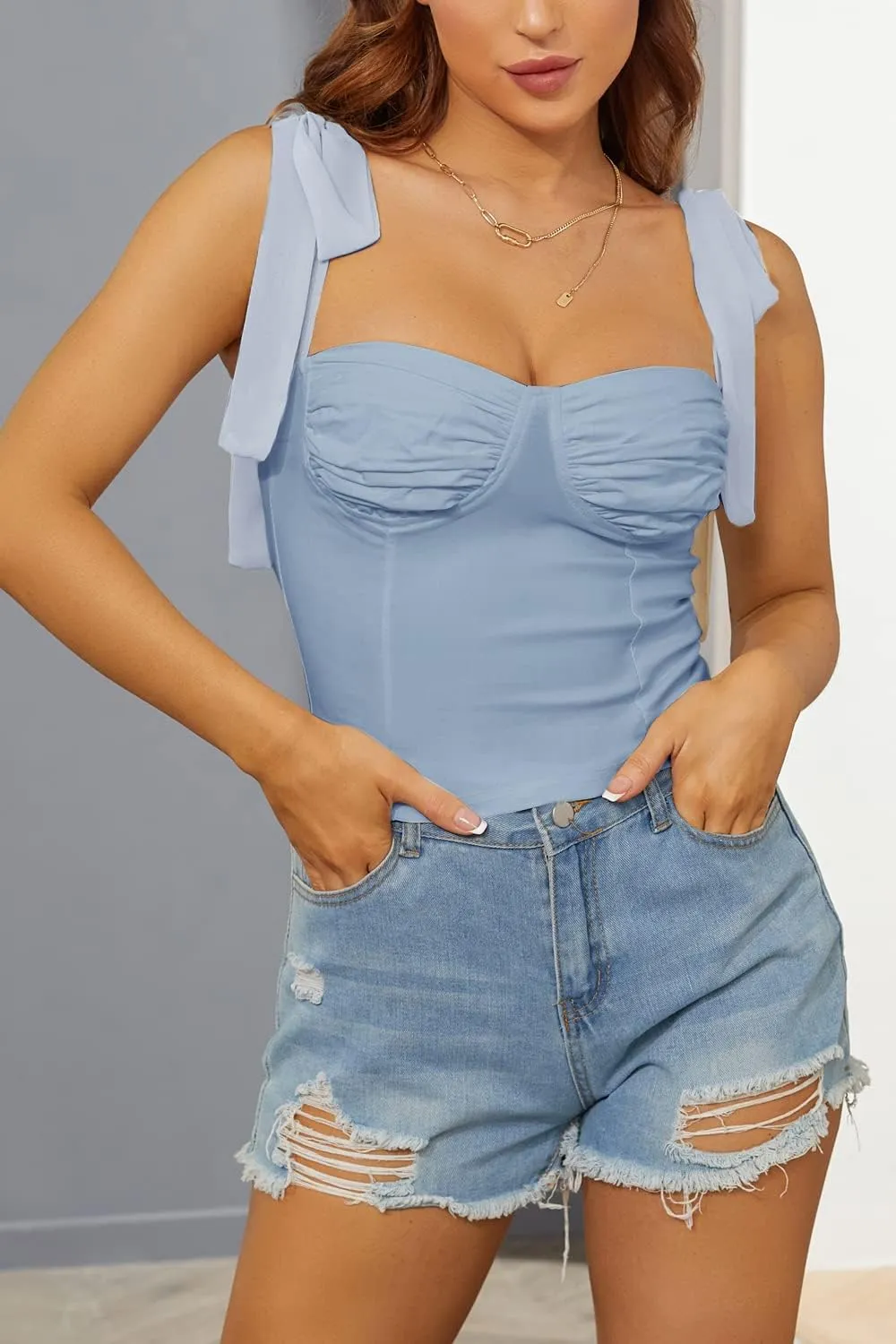 Velius Women's Sleeveless Camisole Tie Shoulder Mesh Strap Tank Crop Tops