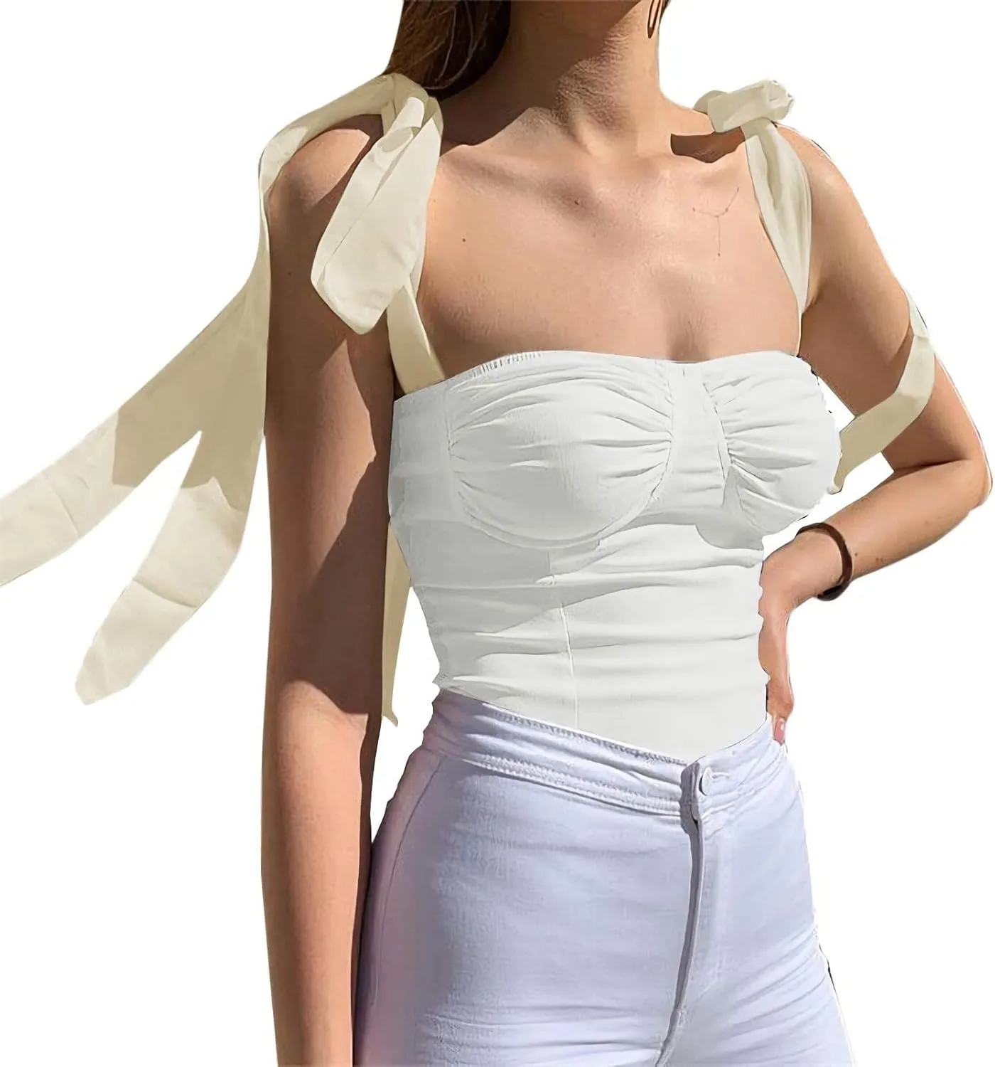 Velius Women's Sleeveless Camisole Tie Shoulder Mesh Strap Tank Crop Tops