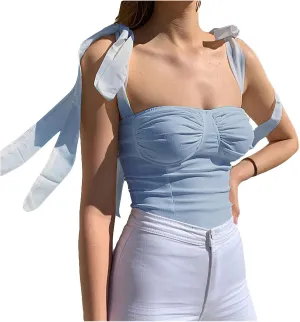 Velius Women's Sleeveless Camisole Tie Shoulder Mesh Strap Tank Crop Tops
