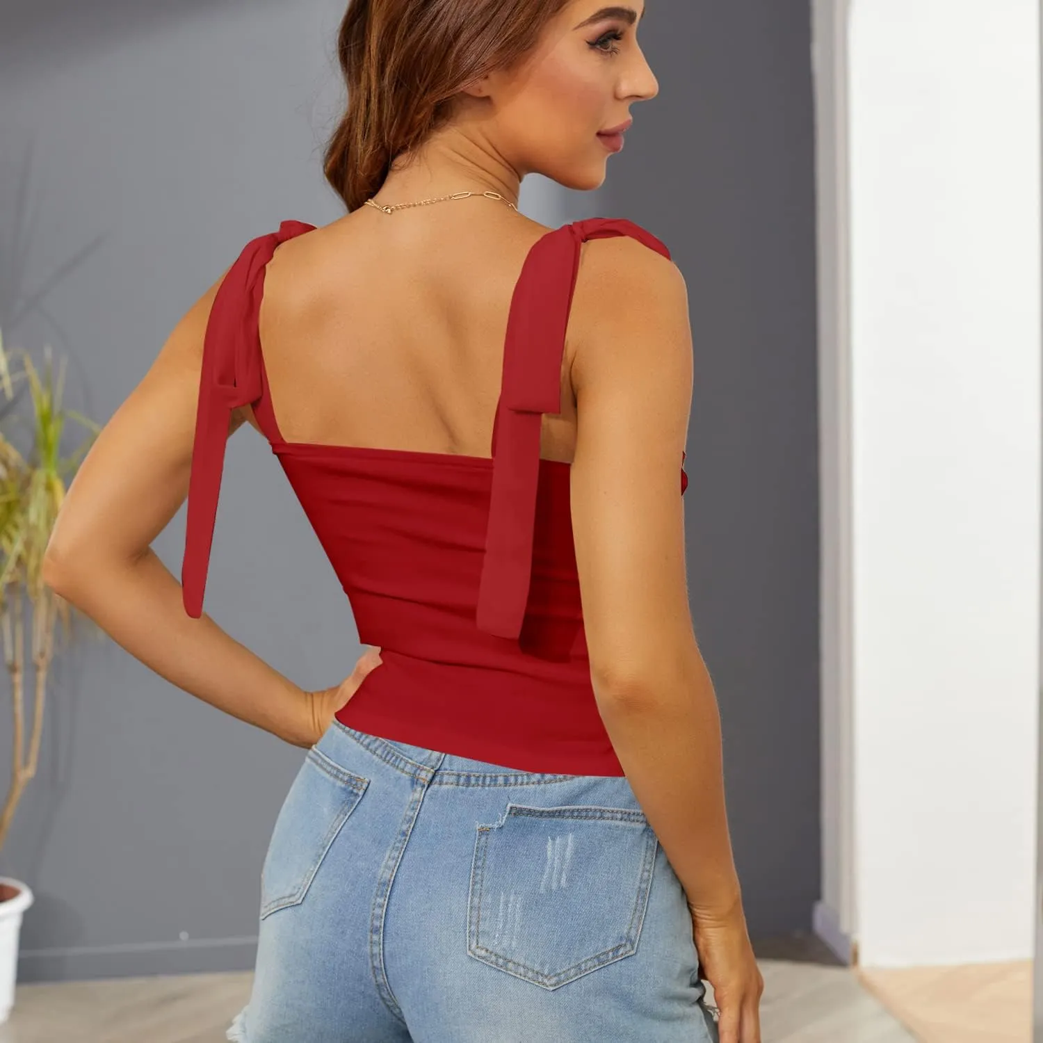 Velius Women's Sleeveless Camisole Tie Shoulder Mesh Strap Tank Crop Tops