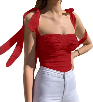 Velius Women's Sleeveless Camisole Tie Shoulder Mesh Strap Tank Crop Tops