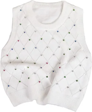 Verdusa Women's Casual Rhinestone Sweater Vest Round Neck Sleeveless Knit Tops