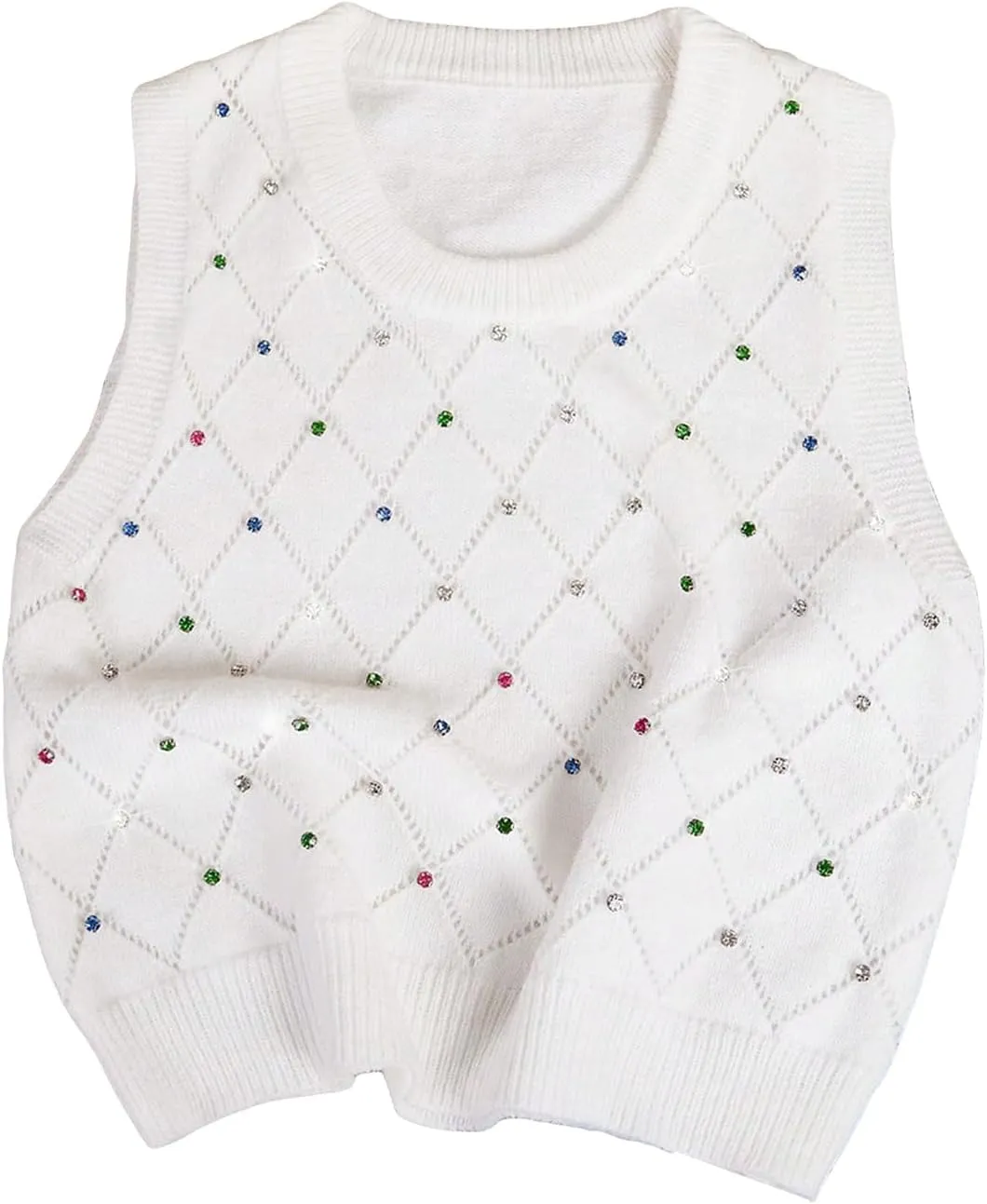 Verdusa Women's Casual Rhinestone Sweater Vest Round Neck Sleeveless Knit Tops