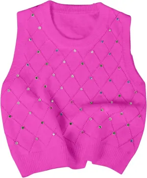 Verdusa Women's Casual Rhinestone Sweater Vest Round Neck Sleeveless Knit Tops