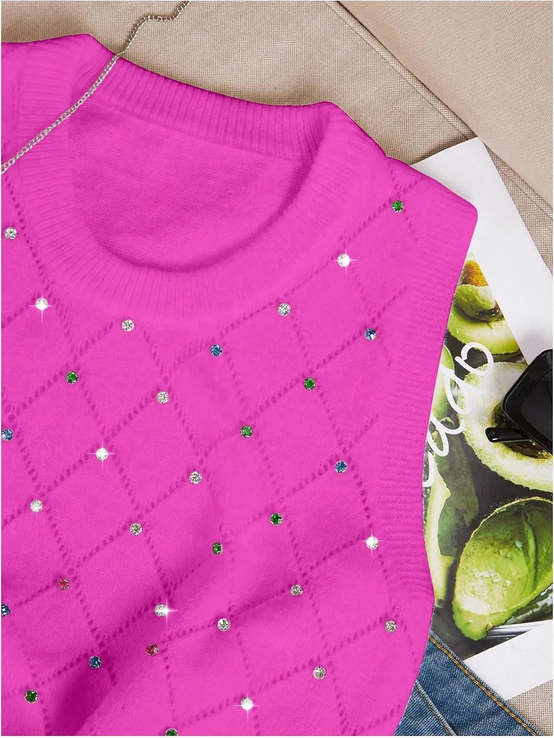 Verdusa Women's Casual Rhinestone Sweater Vest Round Neck Sleeveless Knit Tops