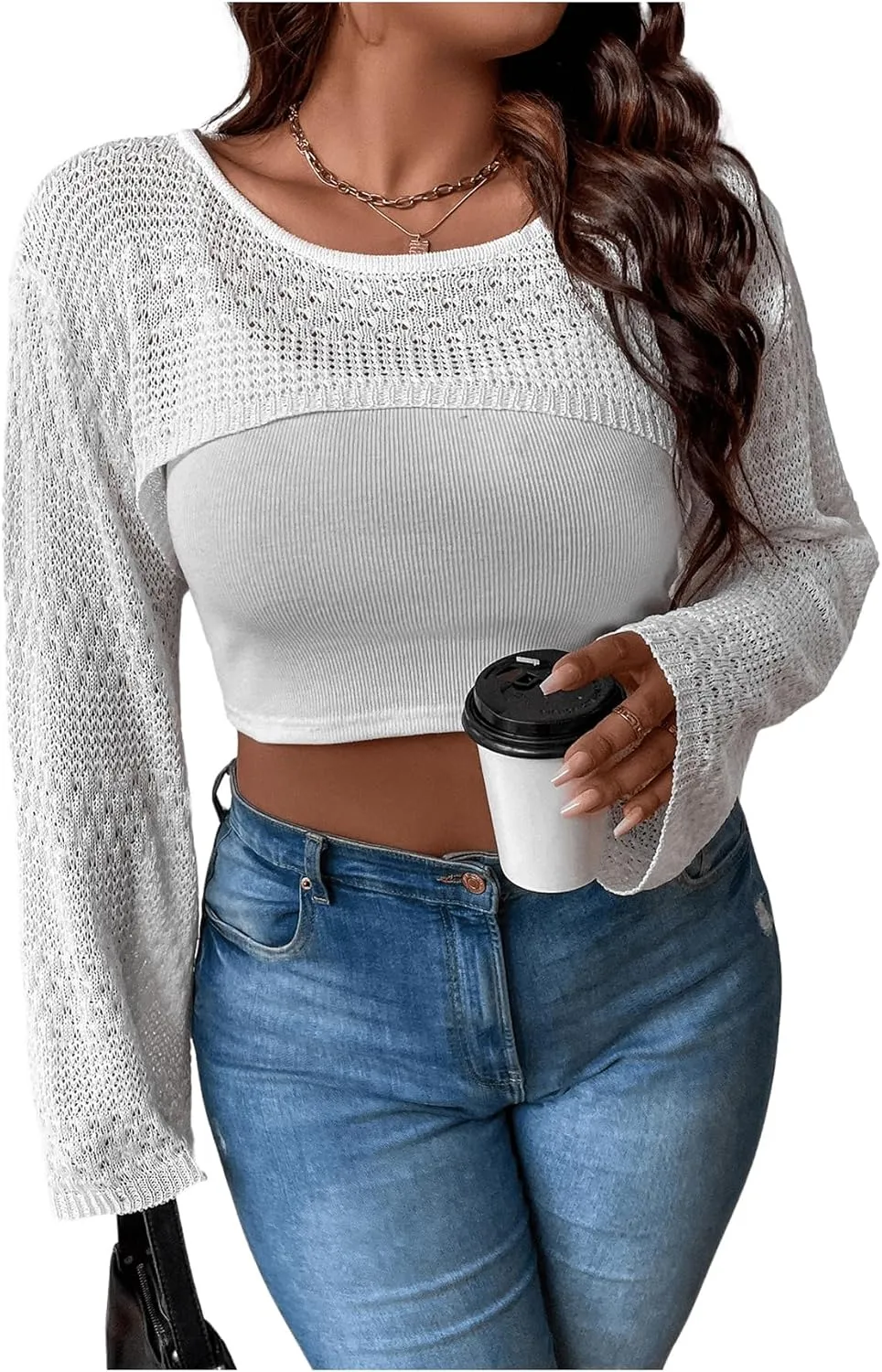 Verdusa Women's Plus Crewneck Long Sleeve Cutout Knit Crop Tops Casual Sweater