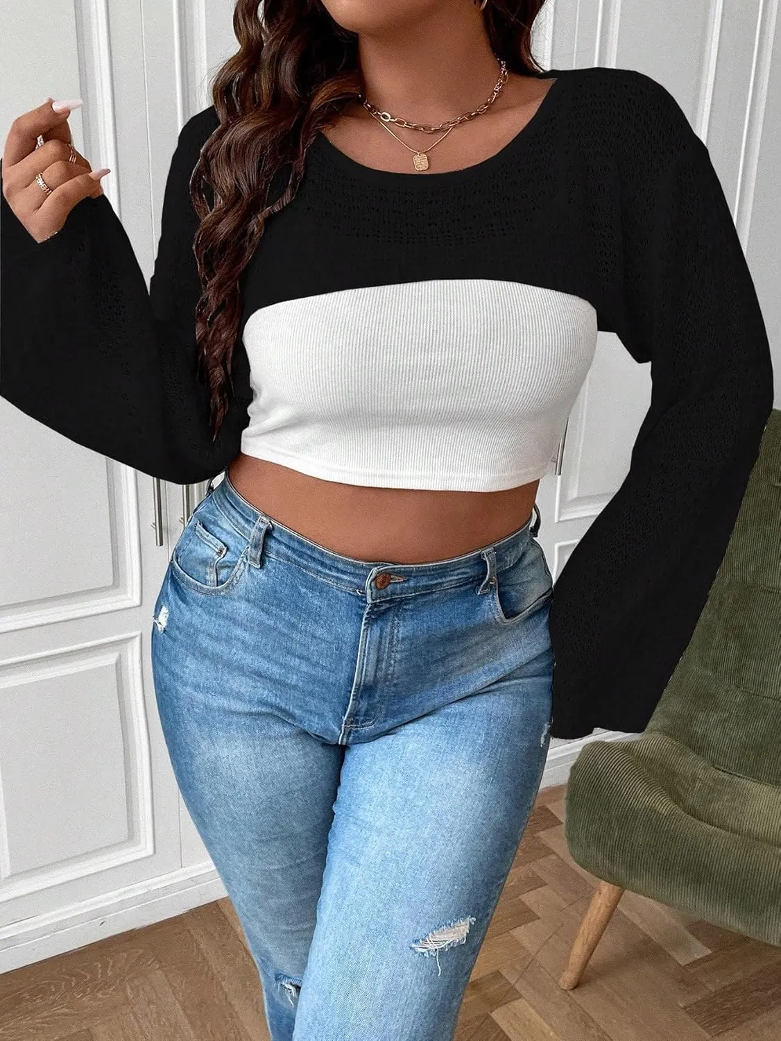 Verdusa Women's Plus Crewneck Long Sleeve Cutout Knit Crop Tops Casual Sweater
