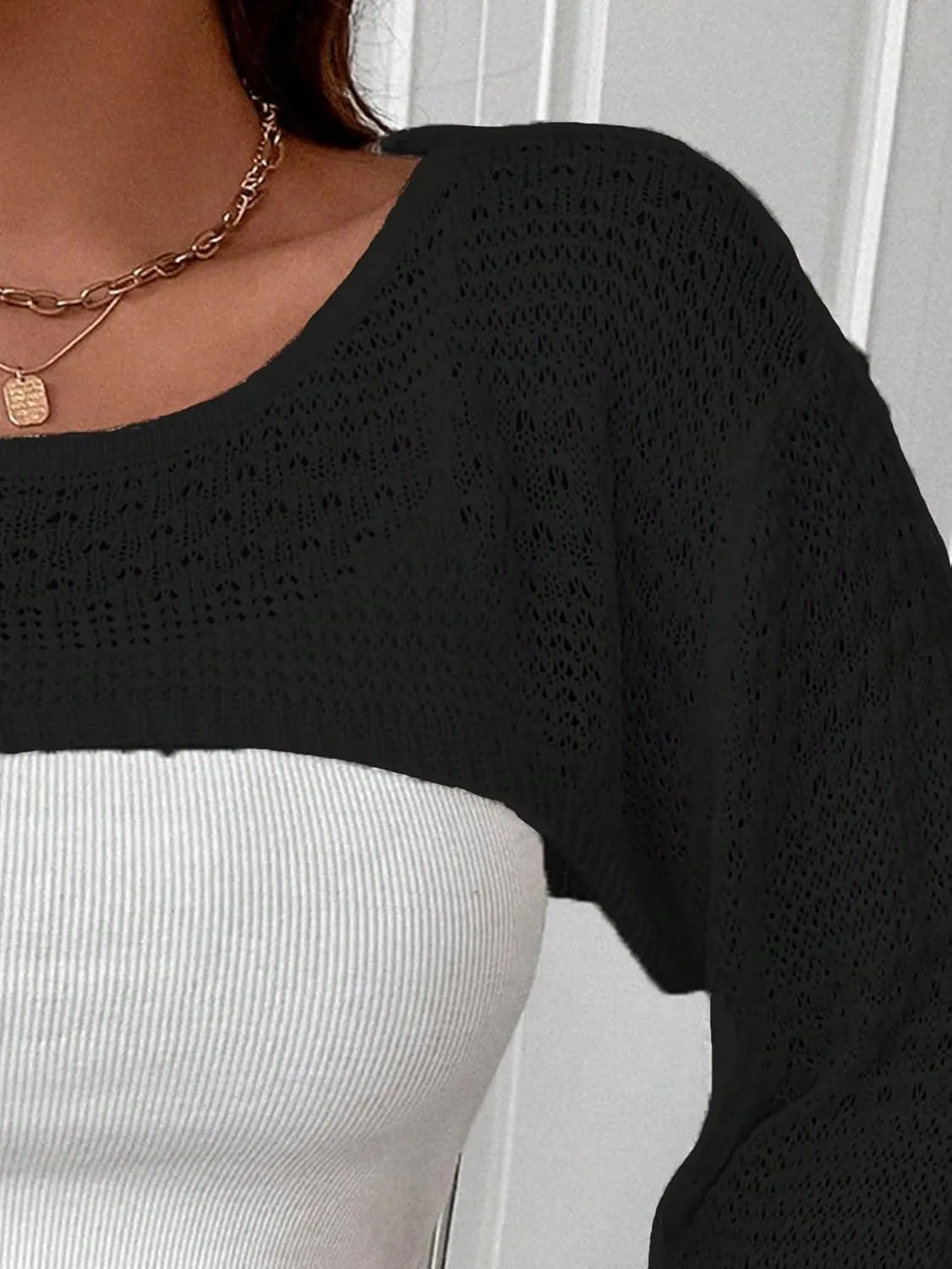 Verdusa Women's Plus Crewneck Long Sleeve Cutout Knit Crop Tops Casual Sweater