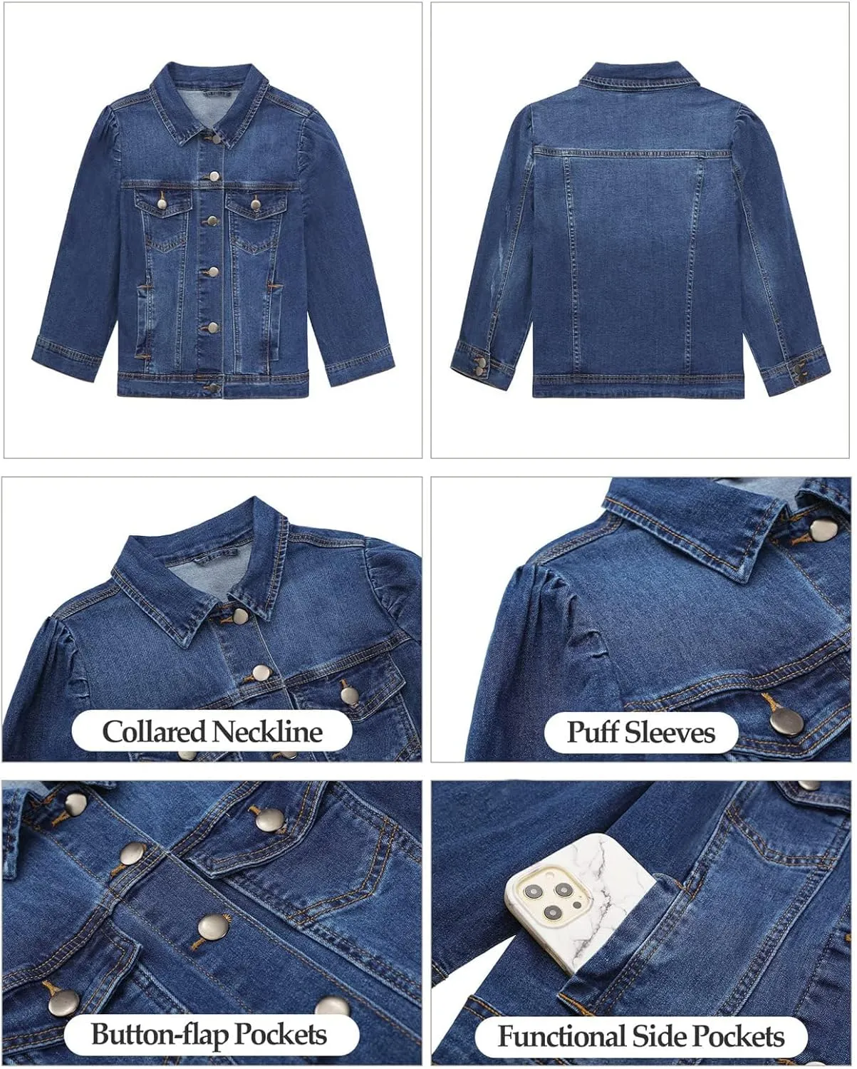 Vetinee Womens Jean Jacket Cropped Denim Jackets Stretchy 3/4 Puff Sleeve Distressed Shacket with Pockets