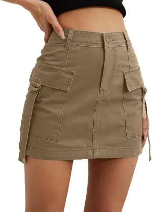 Vintage Cargo Denim Mini Skirt for Women, Button Low Waist Jean Bodycon Flap Pockets Skirt, Trendy Short Skorts
