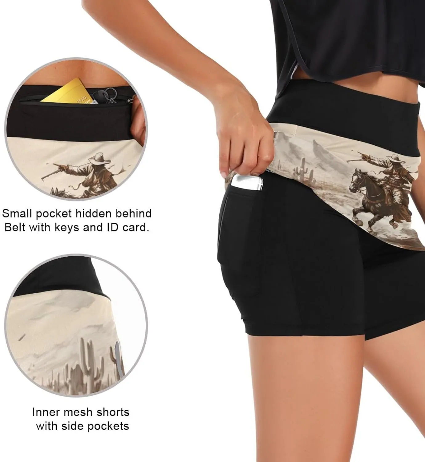 Western Desert Cowboys Tennis Skorts Skirts for Women Workout Athletic Skirt High Waisted with Pocket