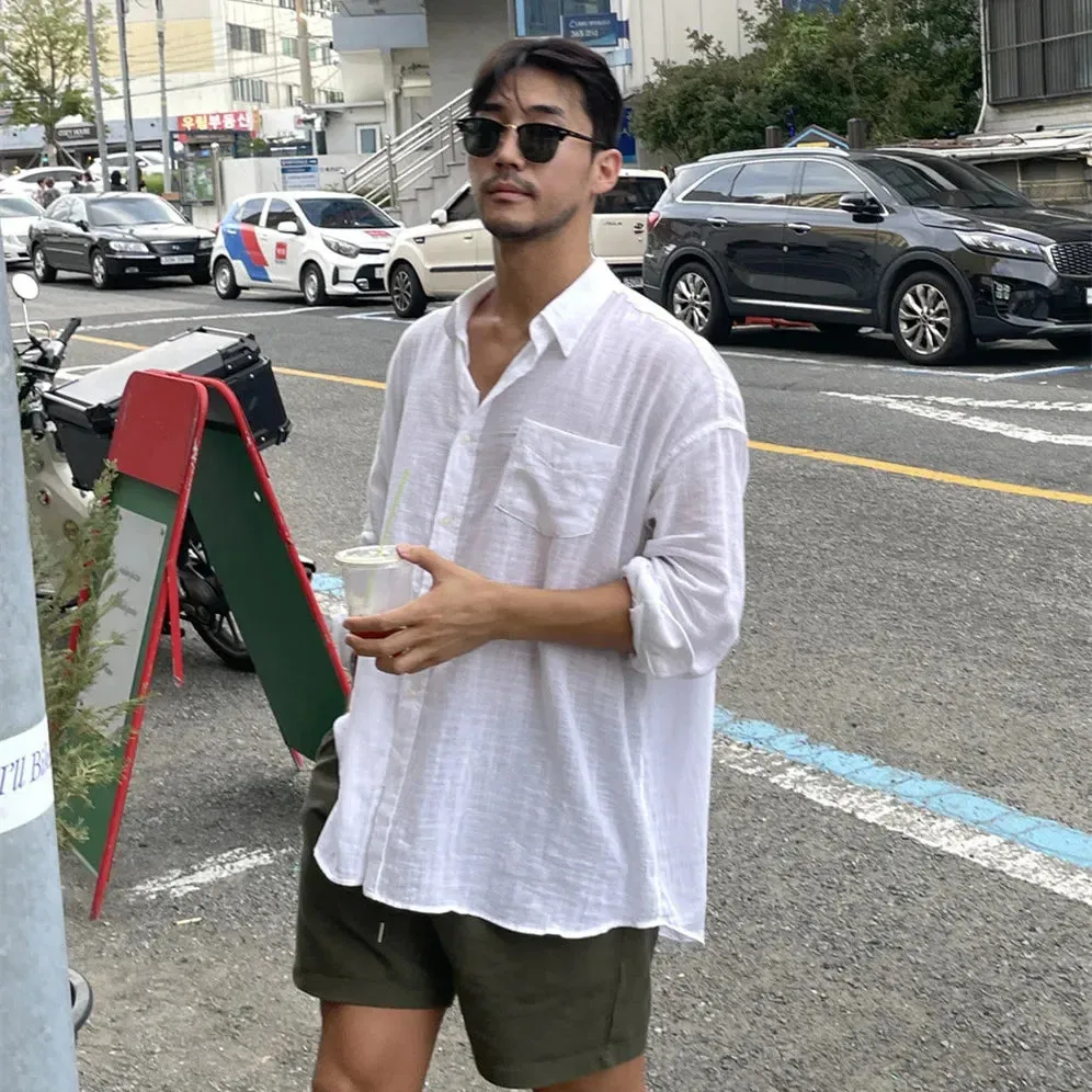 Wiaofellas  -  Cotton Linen Fabric Men's Shirt Thin Coat, Summer New Korean Style Breathable Shirt, Casual Loose
