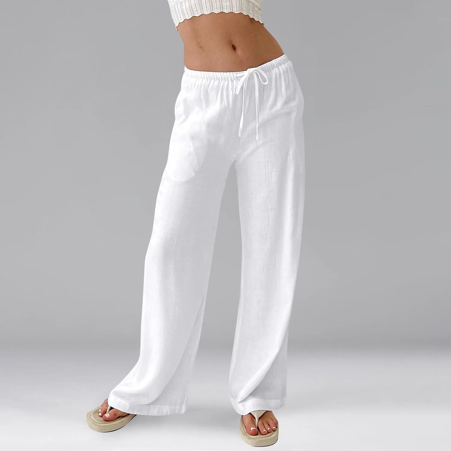 Wide Leg Linen Pants for Women Summer Elastic Waist Cotton Palazzo Pants Loose Guaze Casual Work Pants with Pockets