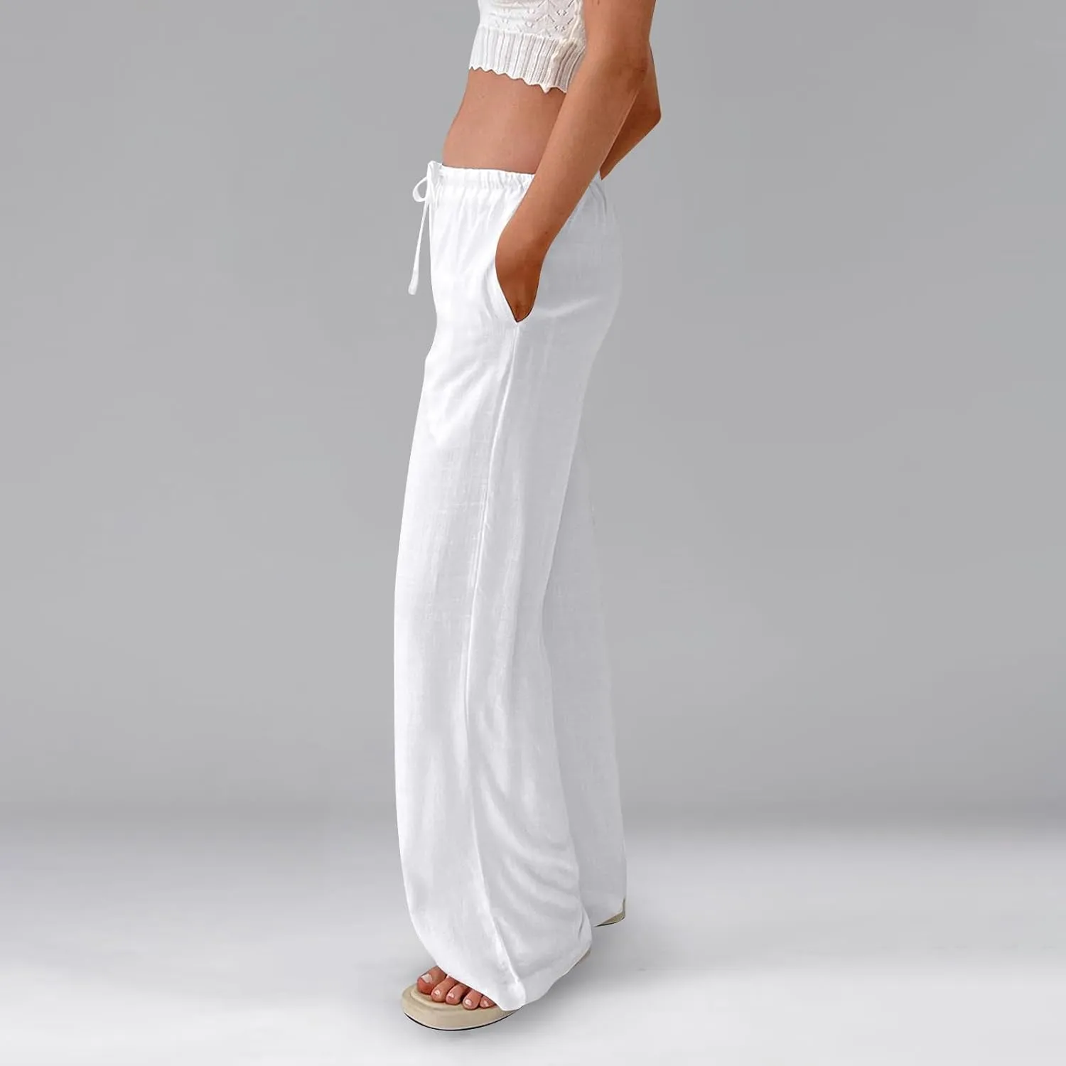 Wide Leg Linen Pants for Women Summer Elastic Waist Cotton Palazzo Pants Loose Guaze Casual Work Pants with Pockets