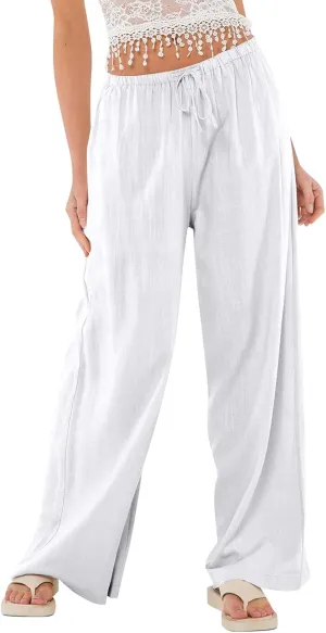Wide Leg Linen Pants for Women Summer Elastic Waist Cotton Palazzo Pants Loose Guaze Casual Work Pants with Pockets