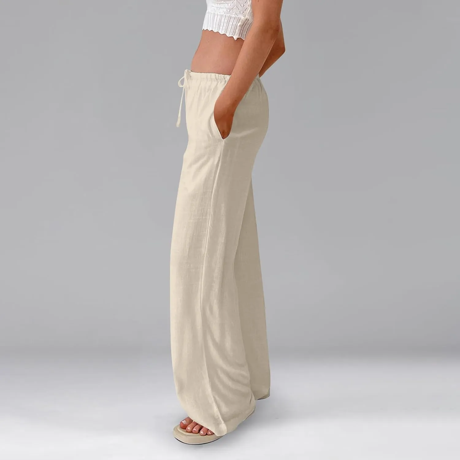 Wide Leg Linen Pants for Women Summer Elastic Waist Cotton Palazzo Pants Loose Guaze Casual Work Pants with Pockets