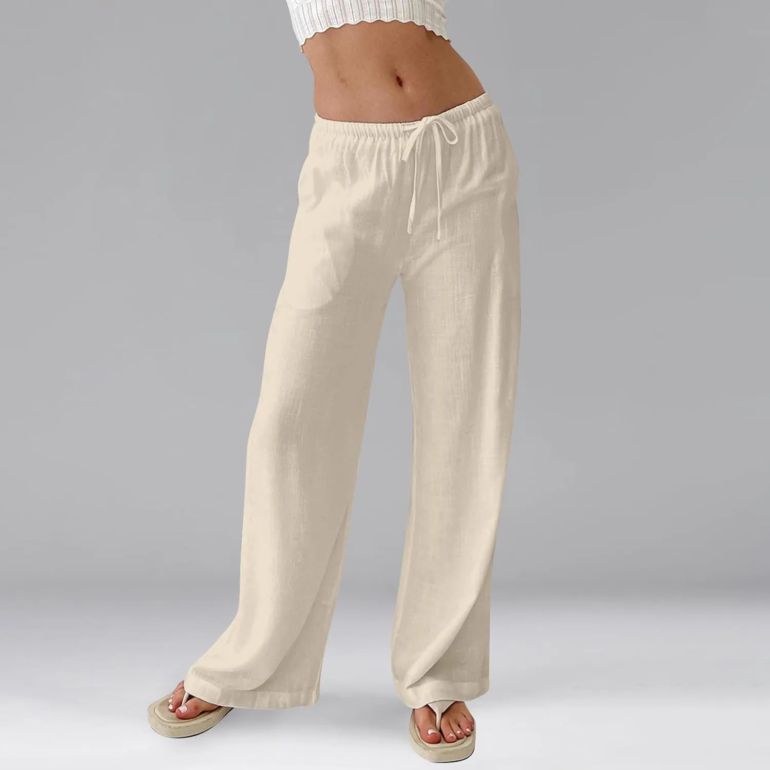 Wide Leg Linen Pants for Women Summer Elastic Waist Cotton Palazzo Pants Loose Guaze Casual Work Pants with Pockets