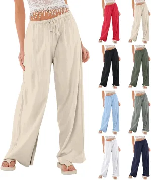 Wide Leg Linen Pants for Women Summer Elastic Waist Cotton Palazzo Pants Loose Guaze Casual Work Pants with Pockets