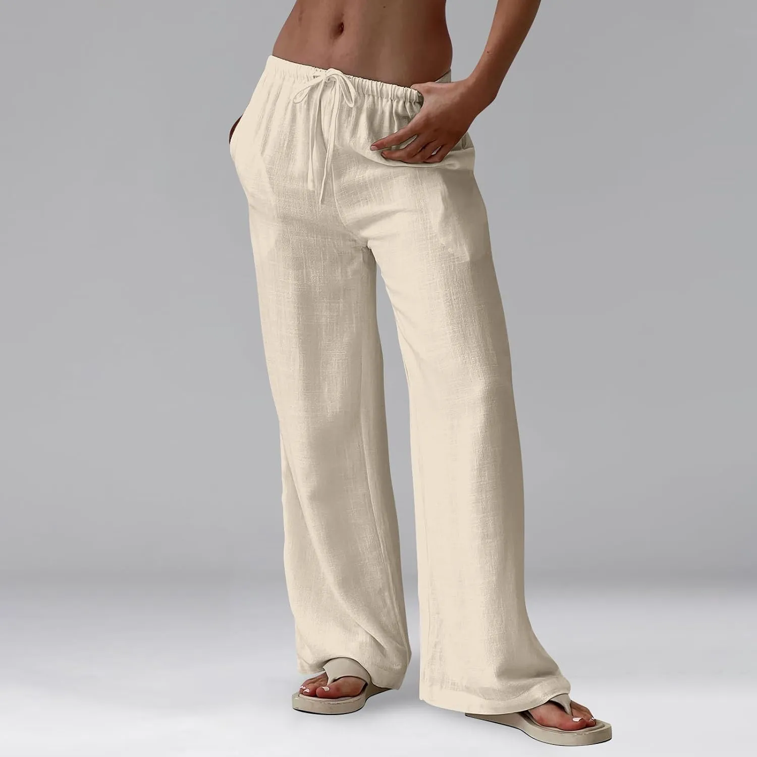 Wide Leg Linen Pants for Women Summer Elastic Waist Cotton Palazzo Pants Loose Guaze Casual Work Pants with Pockets
