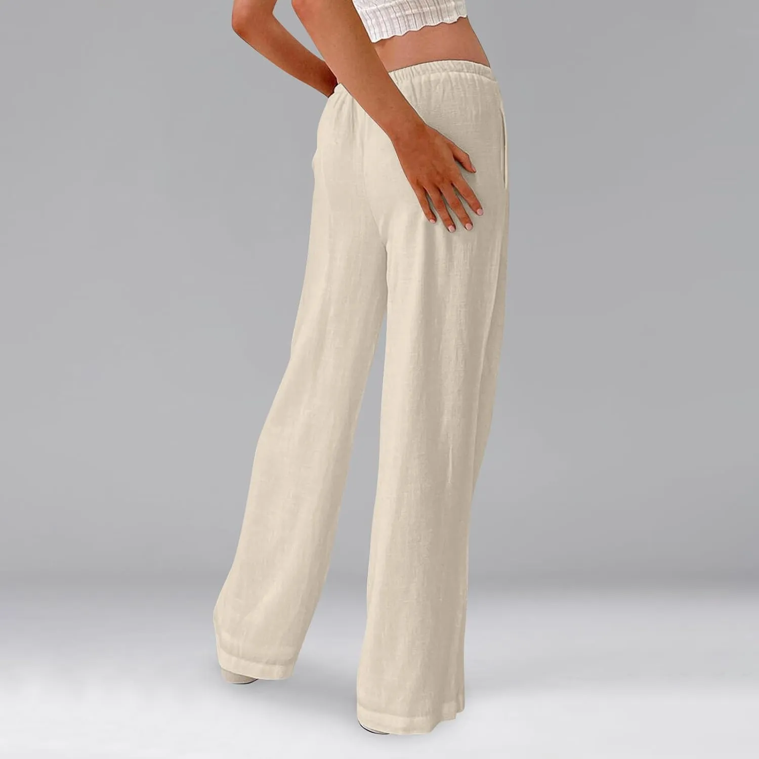 Wide Leg Linen Pants for Women Summer Elastic Waist Cotton Palazzo Pants Loose Guaze Casual Work Pants with Pockets