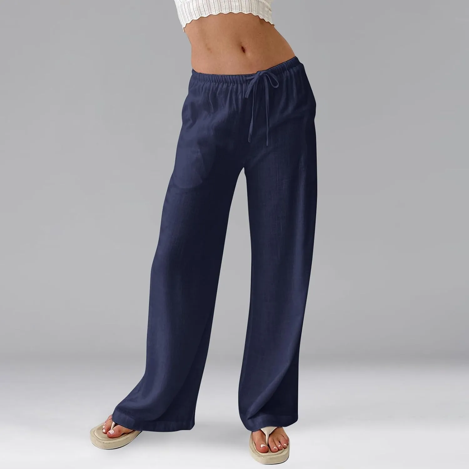 Wide Leg Linen Pants Women High Waisted Drawstring Cotton Palazzo Pants Straight Leg Flowy Beach Pants with Pockets