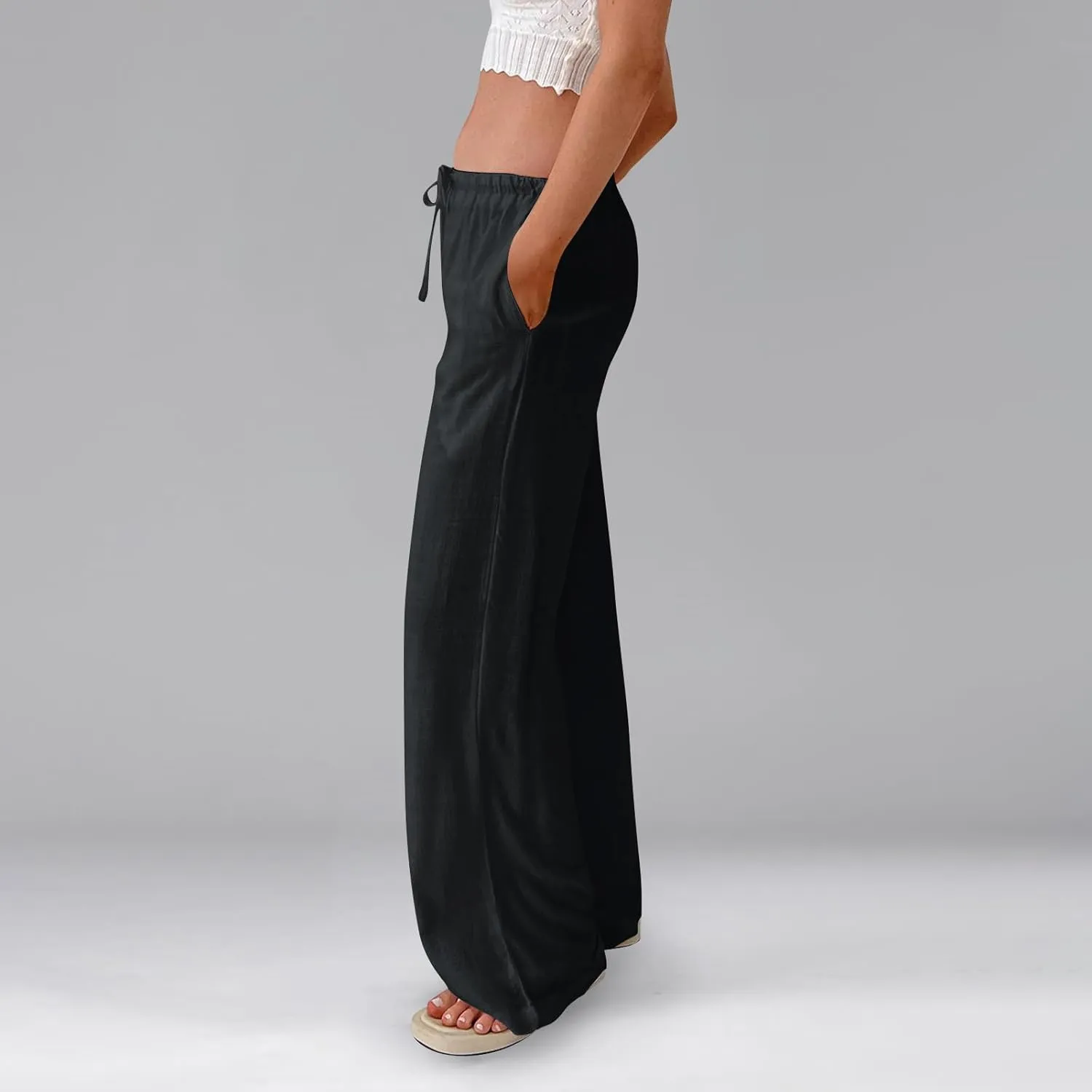 Wide Leg Linen Pants Women High Waisted Drawstring Cotton Palazzo Pants Straight Leg Flowy Beach Pants with Pockets