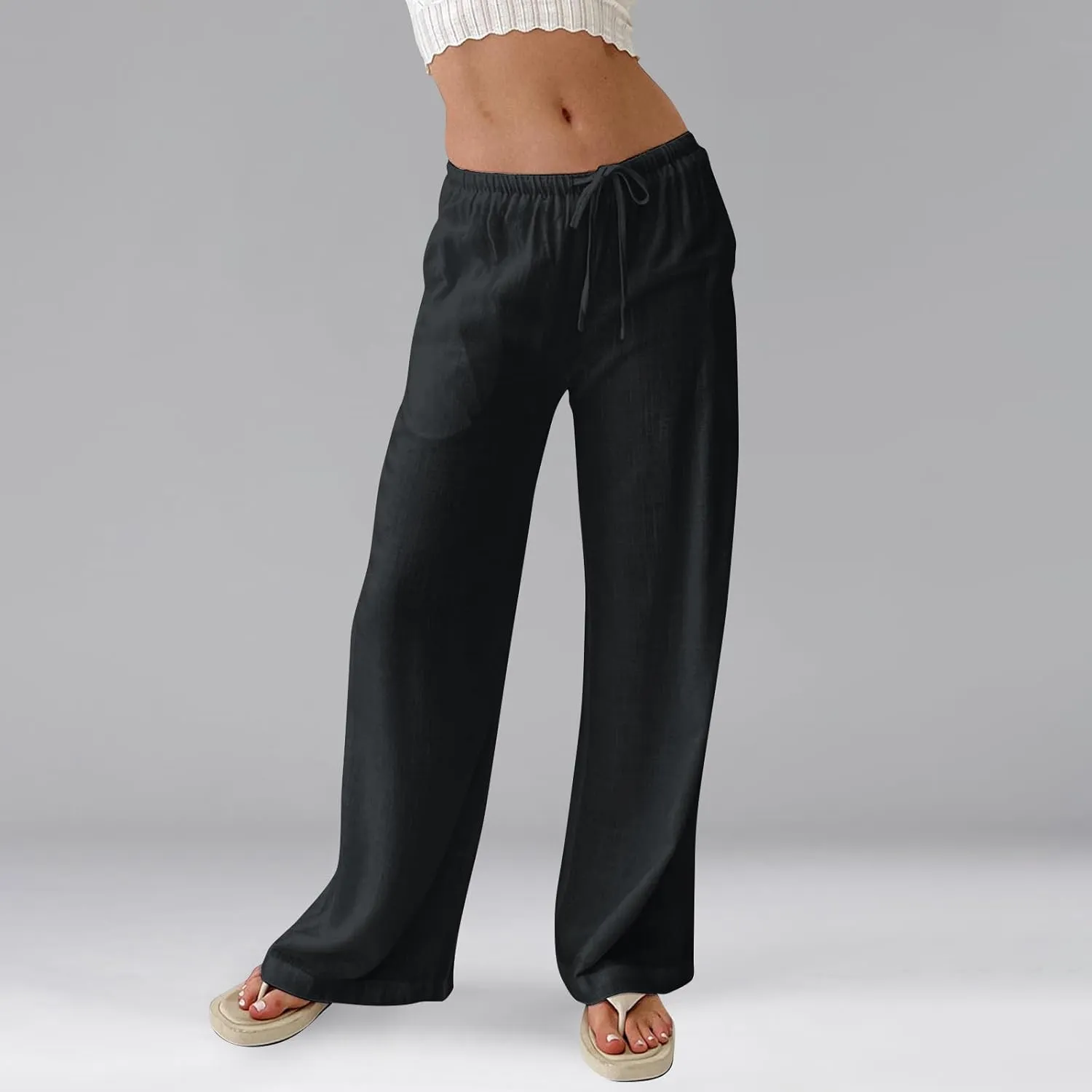 Wide Leg Linen Pants Women High Waisted Drawstring Cotton Palazzo Pants Straight Leg Flowy Beach Pants with Pockets