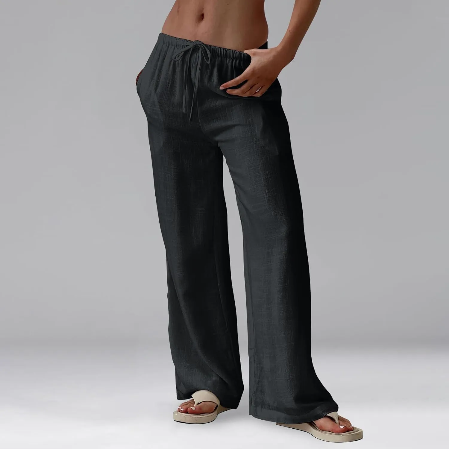 Wide Leg Linen Pants Women High Waisted Drawstring Cotton Palazzo Pants Straight Leg Flowy Beach Pants with Pockets