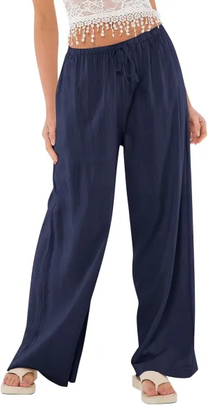 Wide Leg Linen Pants Women High Waisted Drawstring Cotton Palazzo Pants Straight Leg Flowy Beach Pants with Pockets