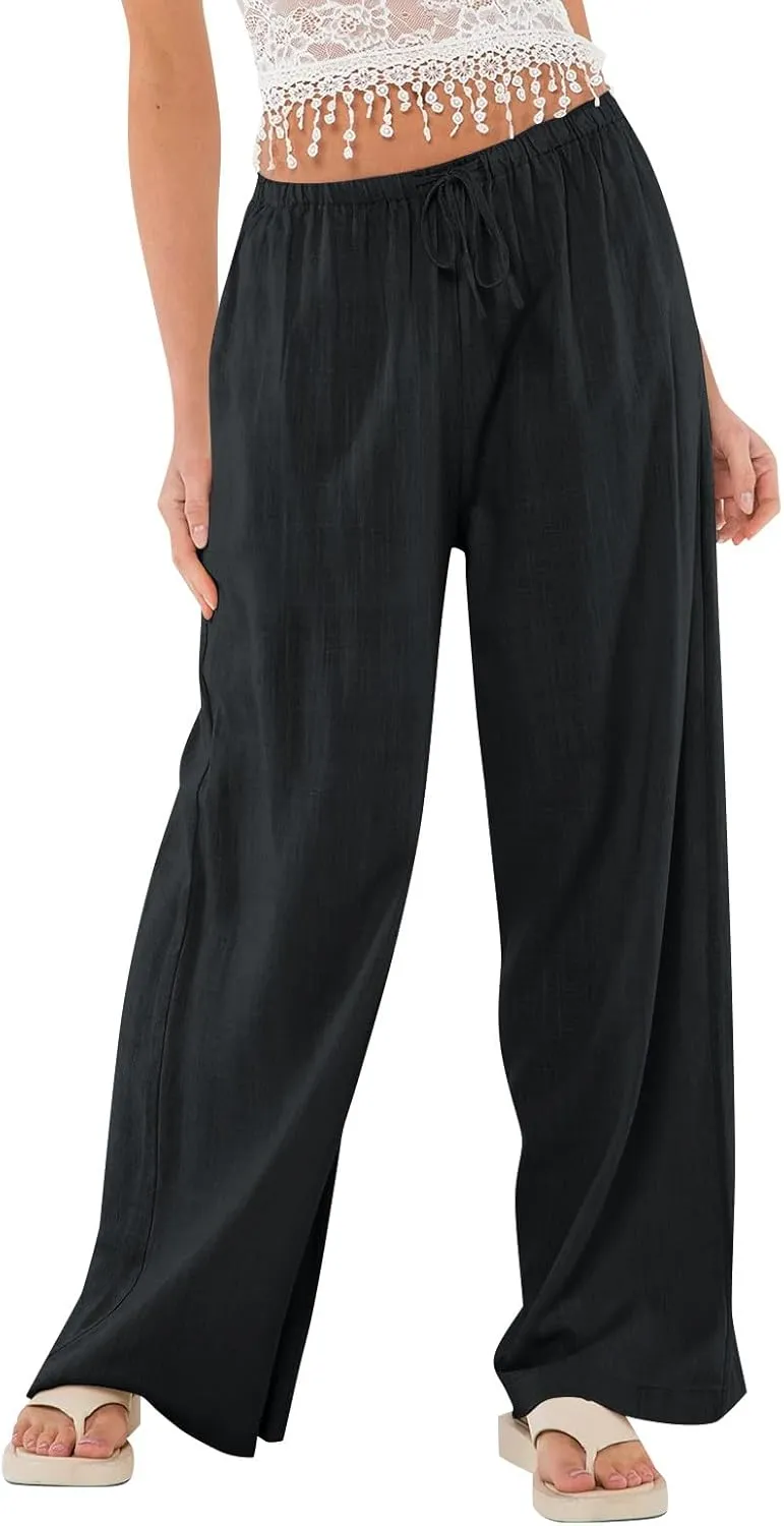 Wide Leg Linen Pants Women High Waisted Drawstring Cotton Palazzo Pants Straight Leg Flowy Beach Pants with Pockets