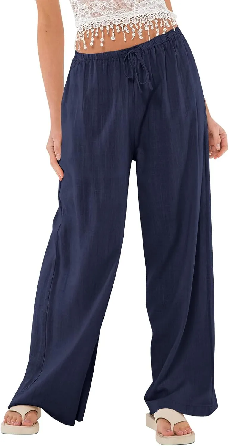 Wide Leg Linen Pants Women High Waisted Drawstring Cotton Palazzo Pants Straight Leg Flowy Beach Pants with Pockets
