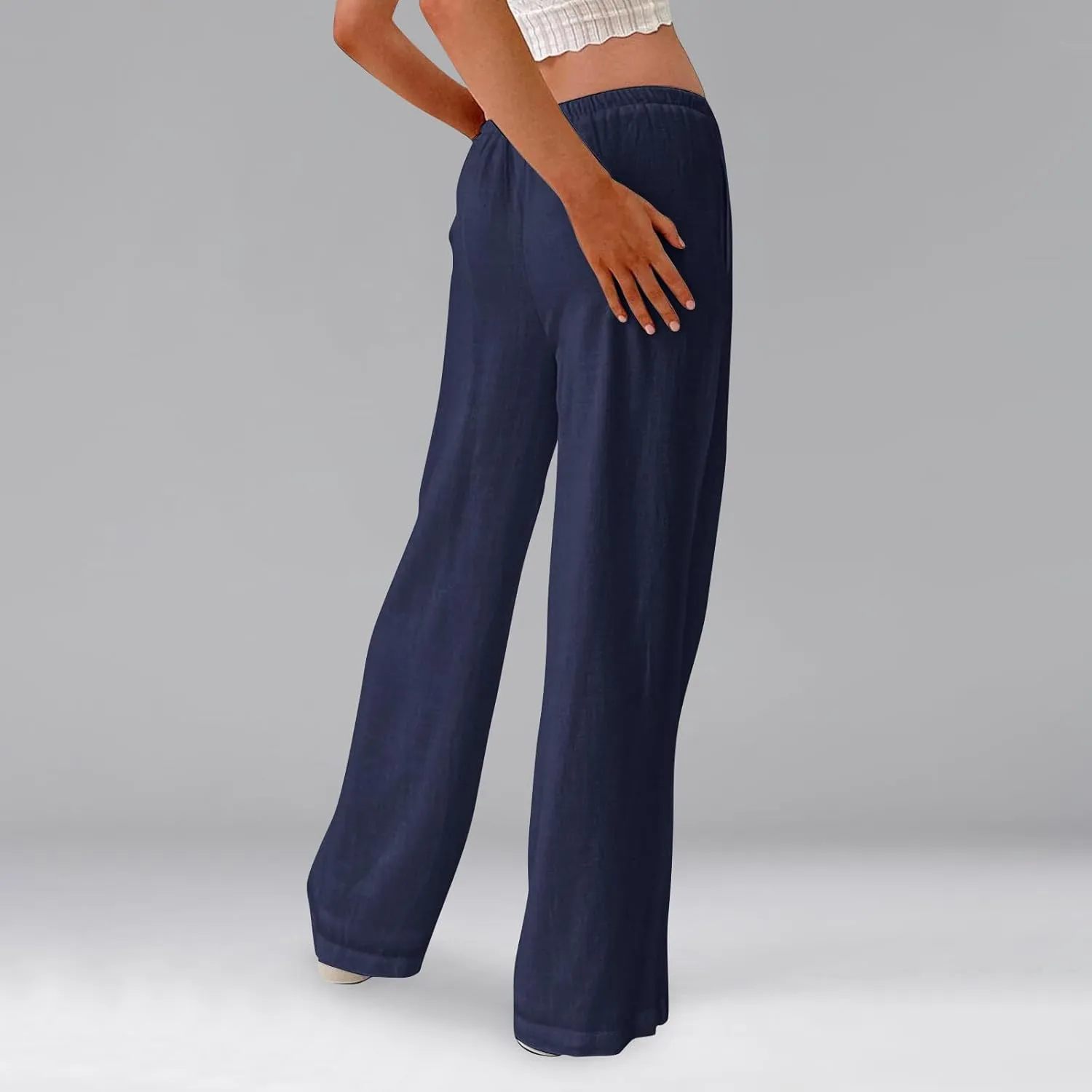 Wide Leg Linen Pants Women High Waisted Drawstring Cotton Palazzo Pants Straight Leg Flowy Beach Pants with Pockets