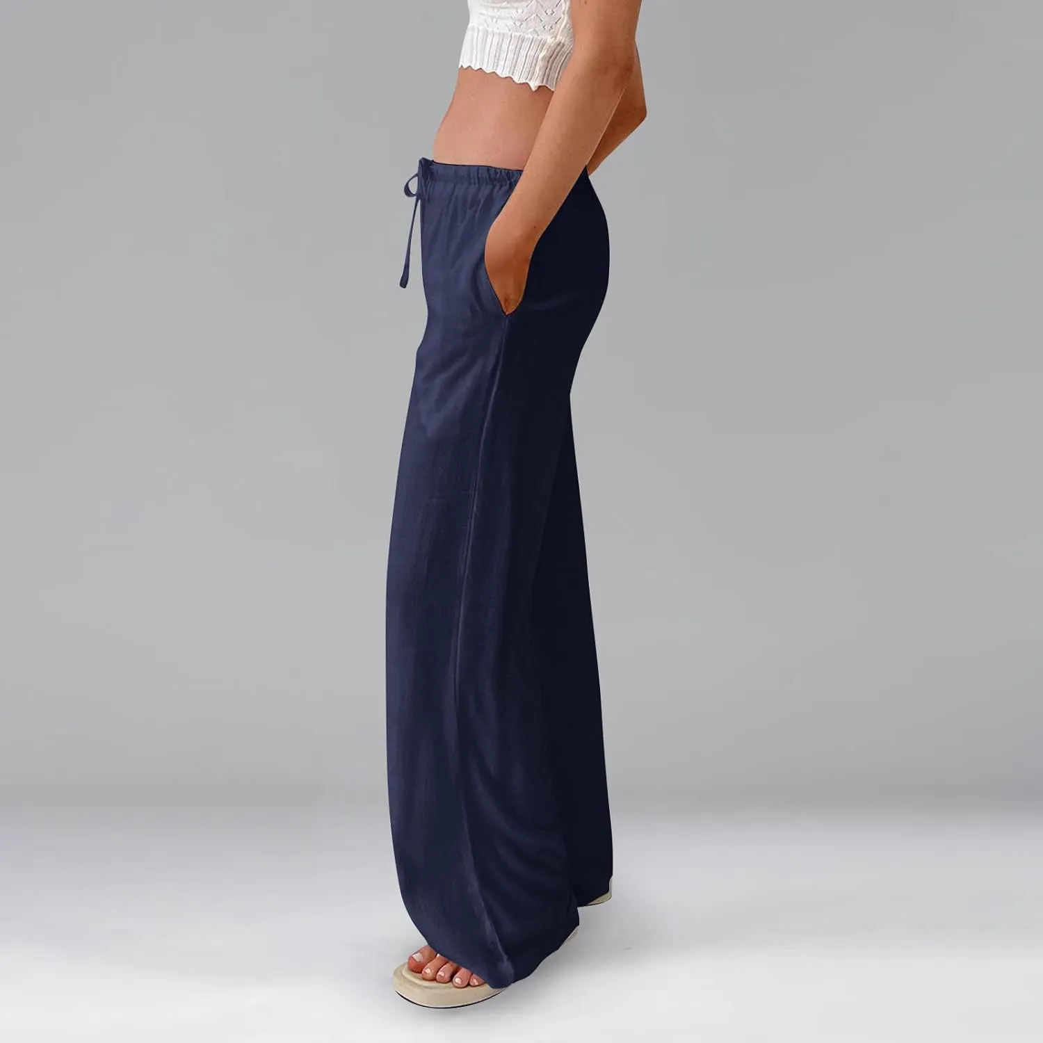 Wide Leg Linen Pants Women High Waisted Drawstring Cotton Palazzo Pants Straight Leg Flowy Beach Pants with Pockets
