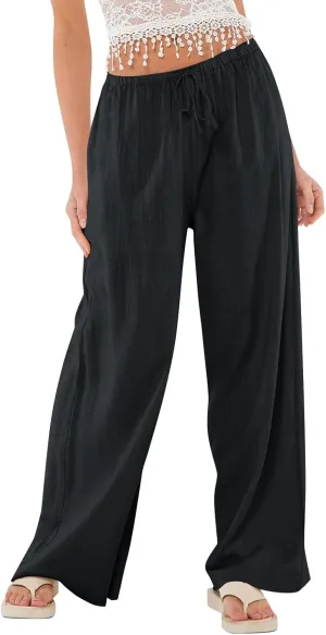 Wide Leg Linen Pants Women High Waisted Drawstring Cotton Palazzo Pants Straight Leg Flowy Beach Pants with Pockets