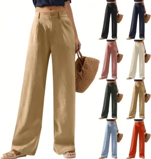 Wide Leg Womens Linen Pants 2025 Summer Casual Dress Pants High Waisted Pleated Lounge Palazzo Beach Pants with Pockets