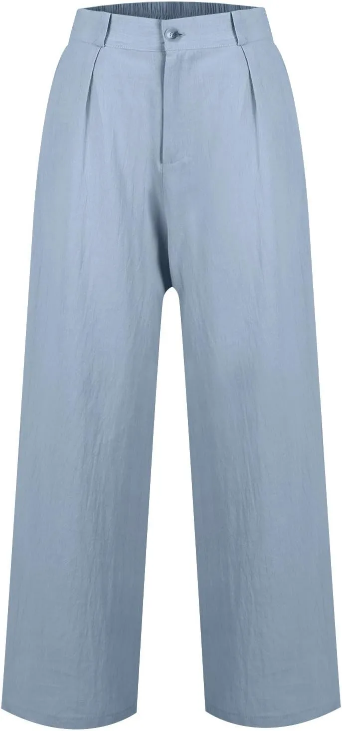 Wide Leg Womens Linen Pants 2025 Summer Casual Dress Pants High Waisted Pleated Lounge Palazzo Beach Pants with Pockets