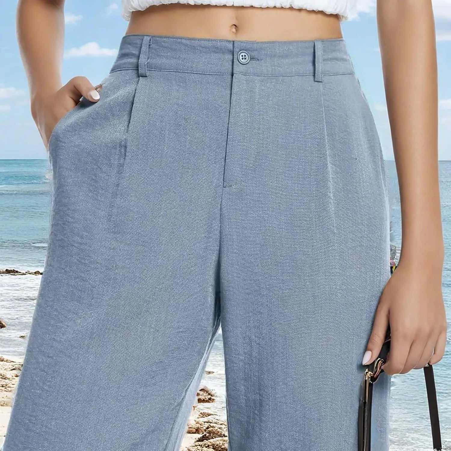 Wide Leg Womens Linen Pants 2025 Summer Casual Dress Pants High Waisted Pleated Lounge Palazzo Beach Pants with Pockets