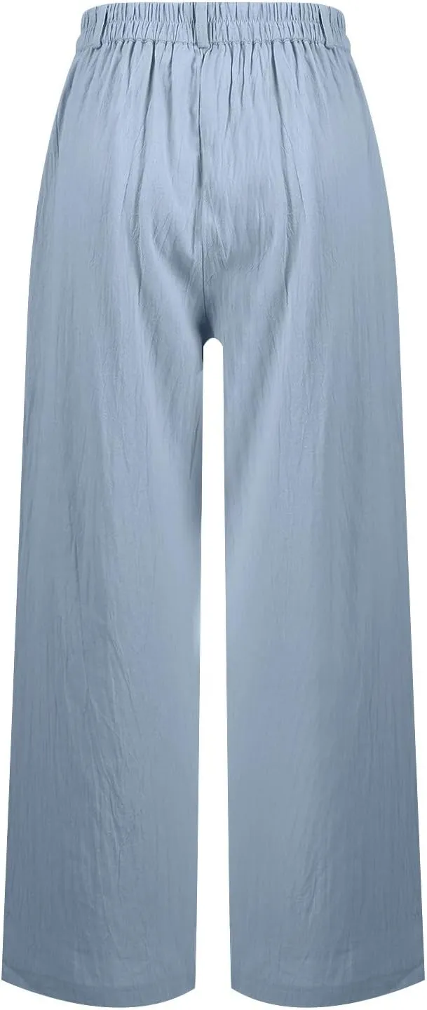 Wide Leg Womens Linen Pants 2025 Summer Casual Dress Pants High Waisted Pleated Lounge Palazzo Beach Pants with Pockets