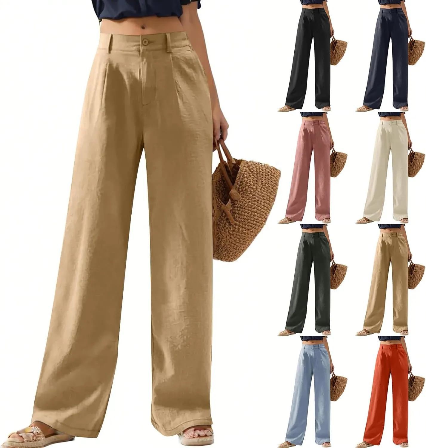 Wide Leg Womens Linen Pants 2025 Summer Casual Dress Pants High Waisted Pleated Lounge Palazzo Beach Pants with Pockets