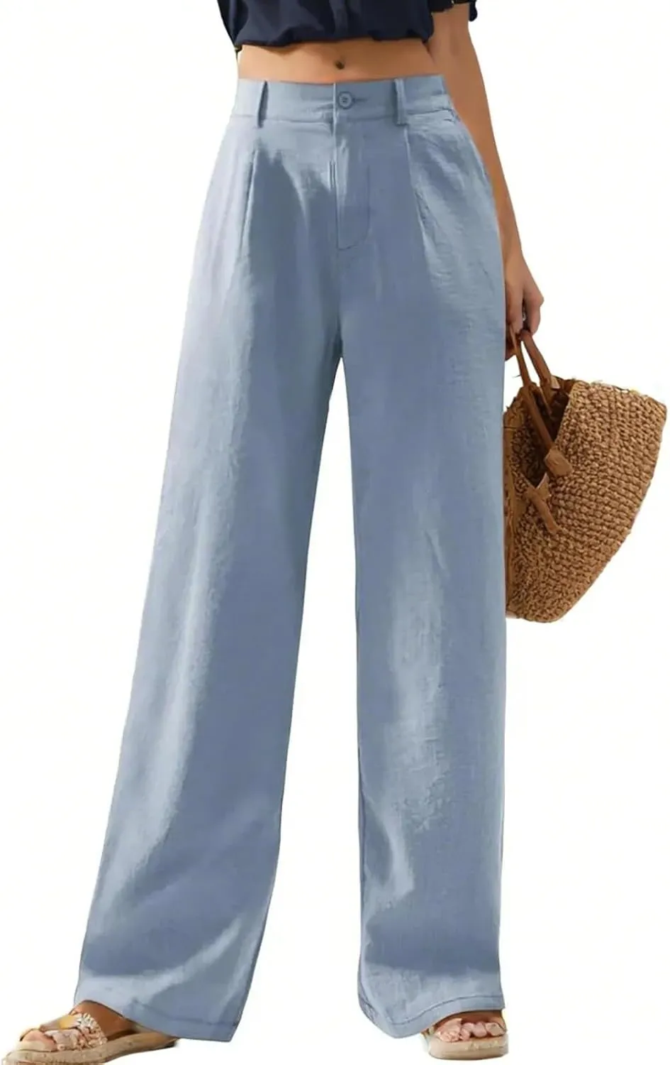 Wide Leg Womens Linen Pants 2025 Summer Casual Dress Pants High Waisted Pleated Lounge Palazzo Beach Pants with Pockets
